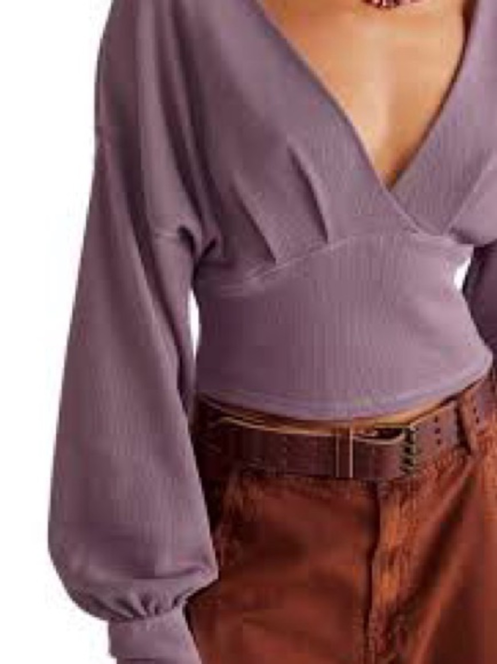 We the Free All Nighter Surpluce Cropped Ribbed V-Neck Top in Dusty Lavender - Picture 3 of 9